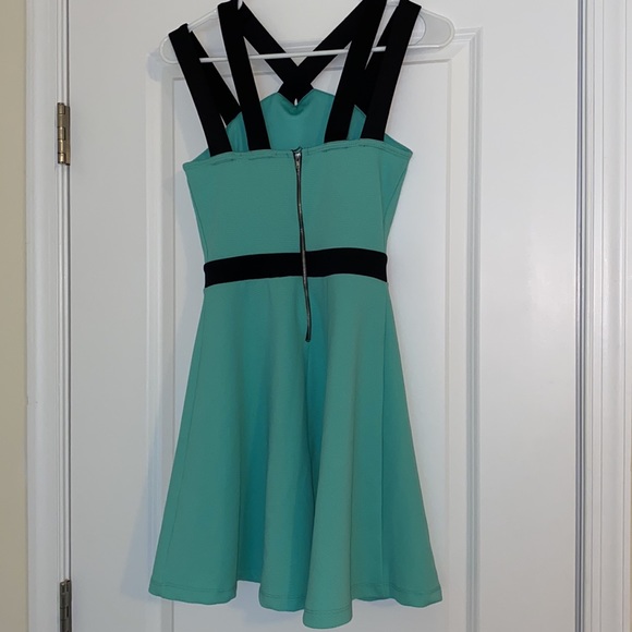 Charlotte Russe blue/green with black accents halter top skater dress. Size S. - Picture 3 of 4
